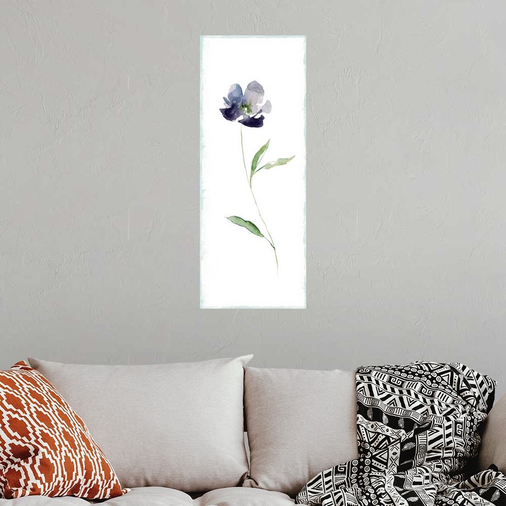 A bohemian room featuring Tall watercolor painting of a single purple flower with a long green stem.