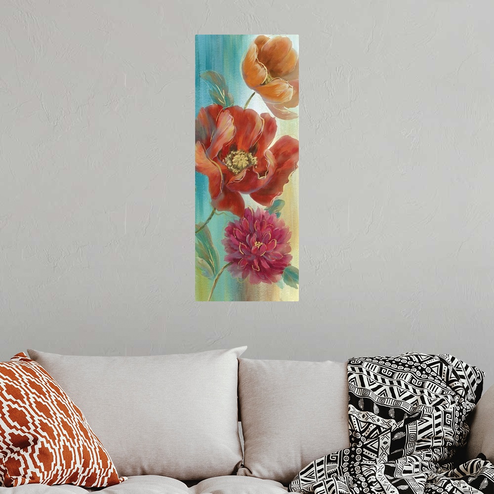 A bohemian room featuring Large panel painting of poppy flowers in orange, red, pink, and purple with metallic gold outline...