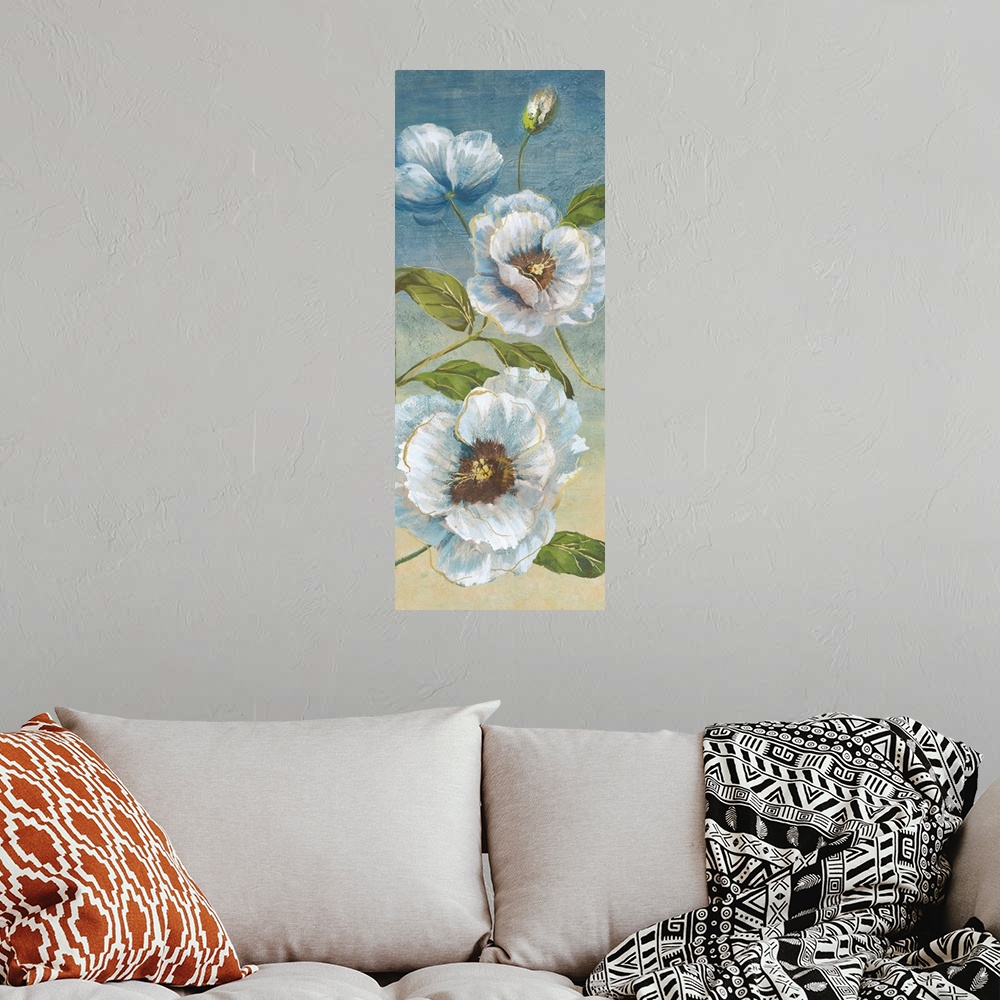 A bohemian room featuring Tall panel painting of white poppies with metallic gold highlights on a blue and tan background.