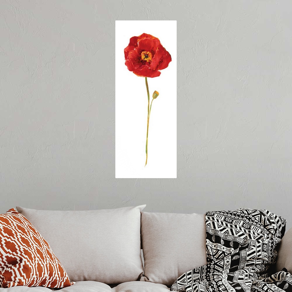 A bohemian room featuring Tall contemporary painting of a red poppy flower with a long stem on a solid white background.