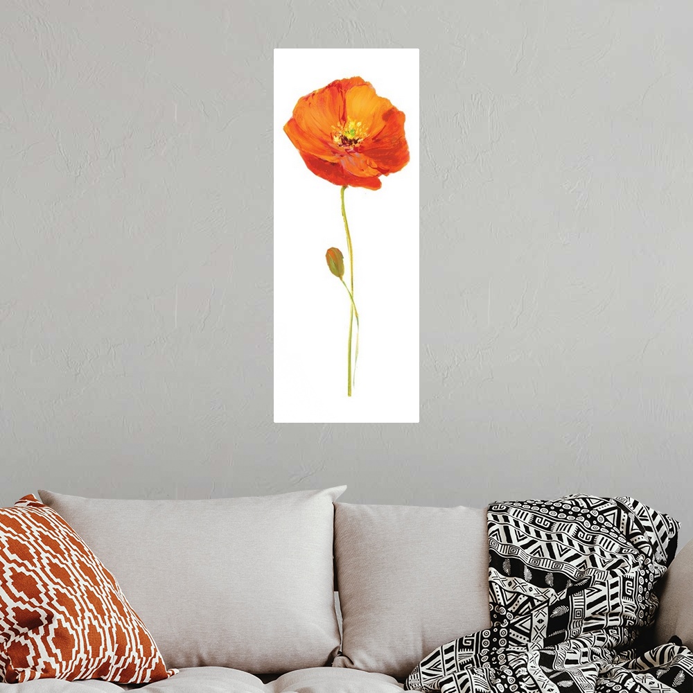A bohemian room featuring Tall contemporary painting of an orange poppy flower with a long stem on a solid white background.