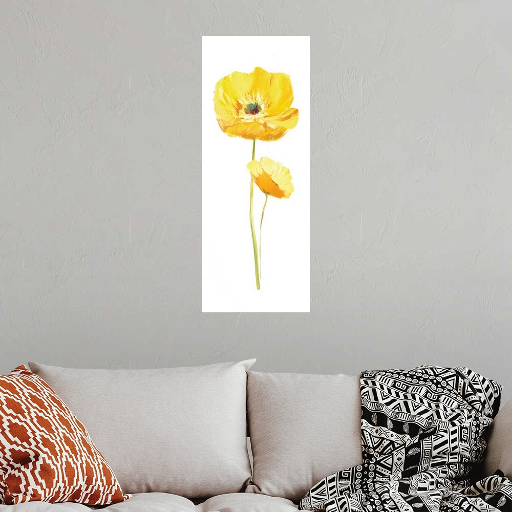 A bohemian room featuring Tall contemporary painting of two yellow poppy flowers with a long stem on a solid white background.