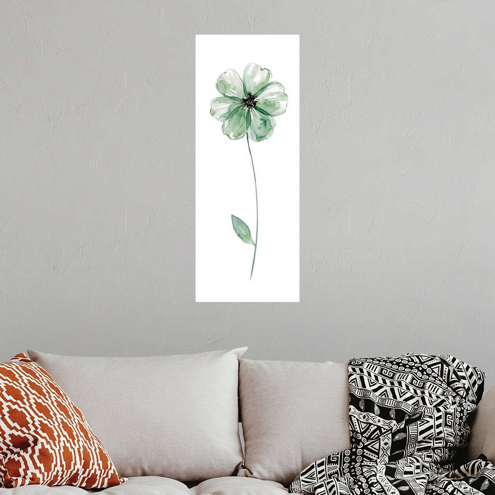 A bohemian room featuring Tall watercolor painting of a green flower with a long stem on a solid white background.
