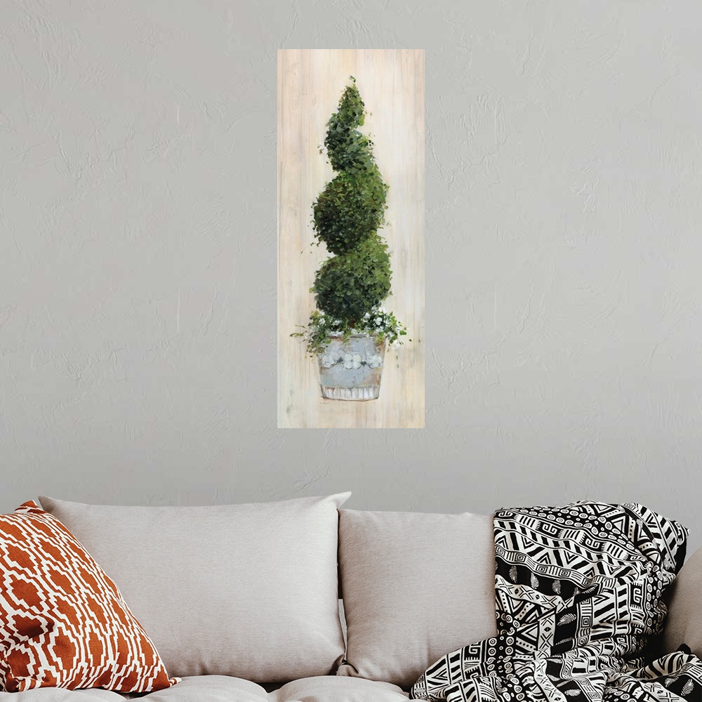 A bohemian room featuring A contemporary still life painting of a spiral topiary with a wood grain background.