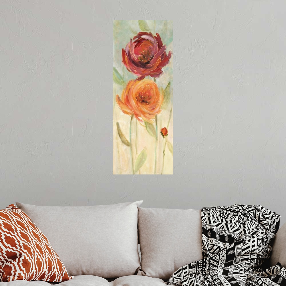 A bohemian room featuring Large panel painting of an orange and a red poppy flower with gold highlights on a light earth to...