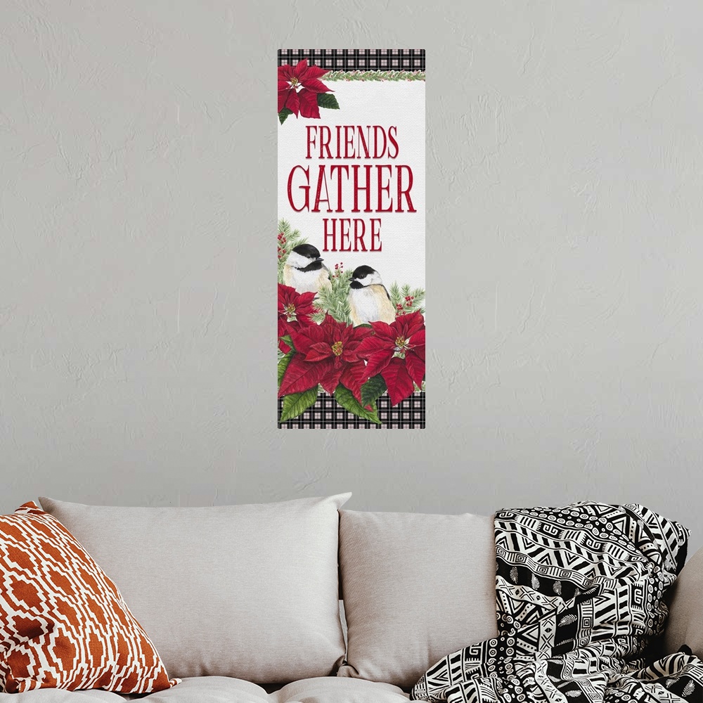 A bohemian room featuring Chickadee Christmas Red - Friends Gather vertical