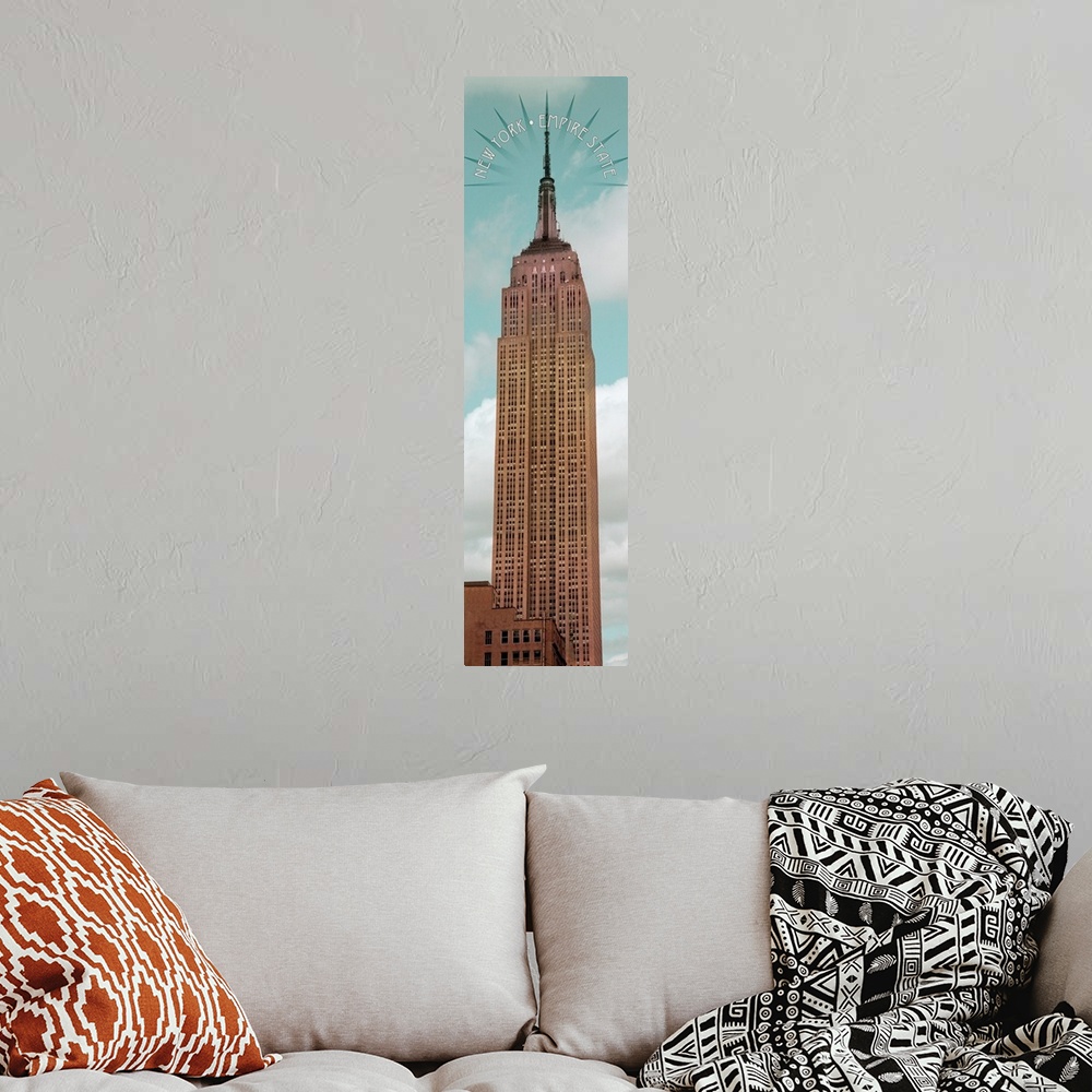A bohemian room featuring The Empire State Building in New York City with a halo at the spire.