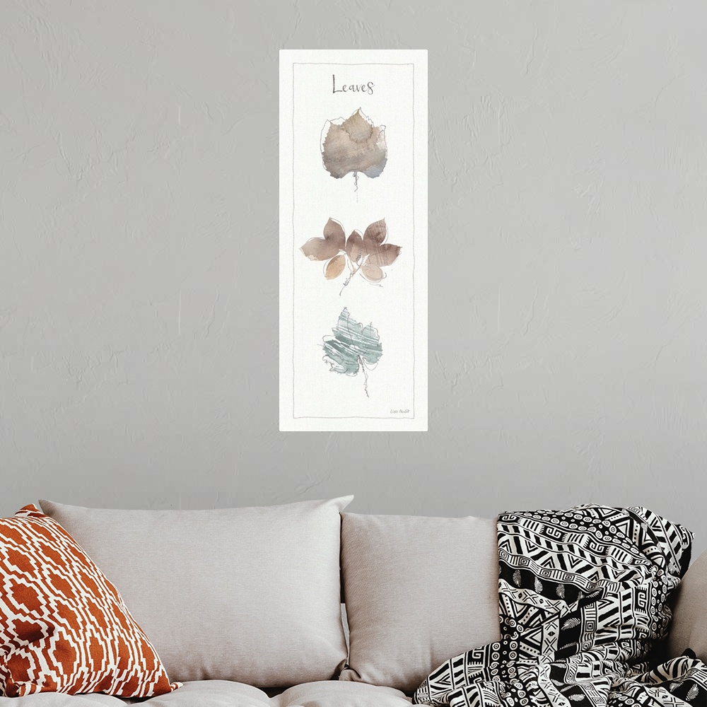 A bohemian room featuring Watercolor painting of a variety of types of leaves on an off white background with a thin line b...
