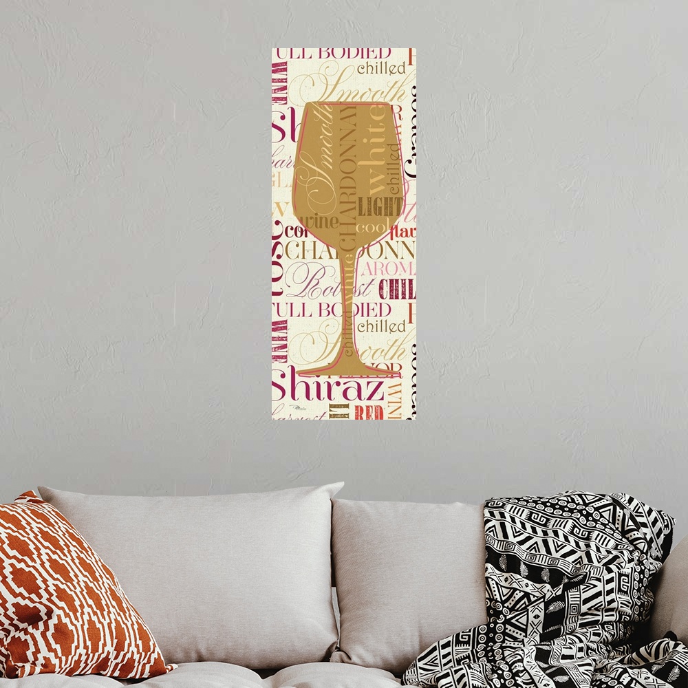 A bohemian room featuring Contemporary artwork of a white wine glass against a background of text.