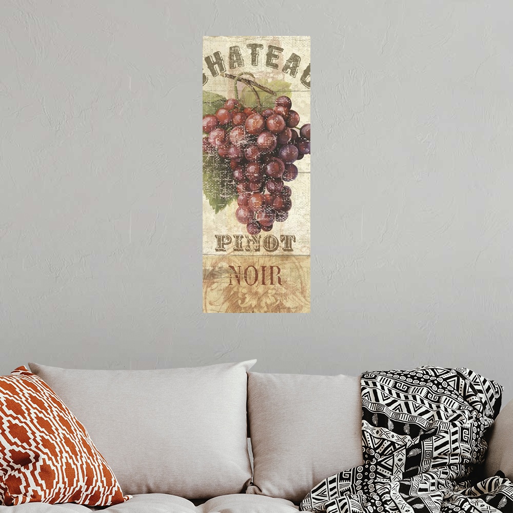 A bohemian room featuring Vertical, large home art docor with vintage feel, of a single bunch of grapes on a vine on a neut...