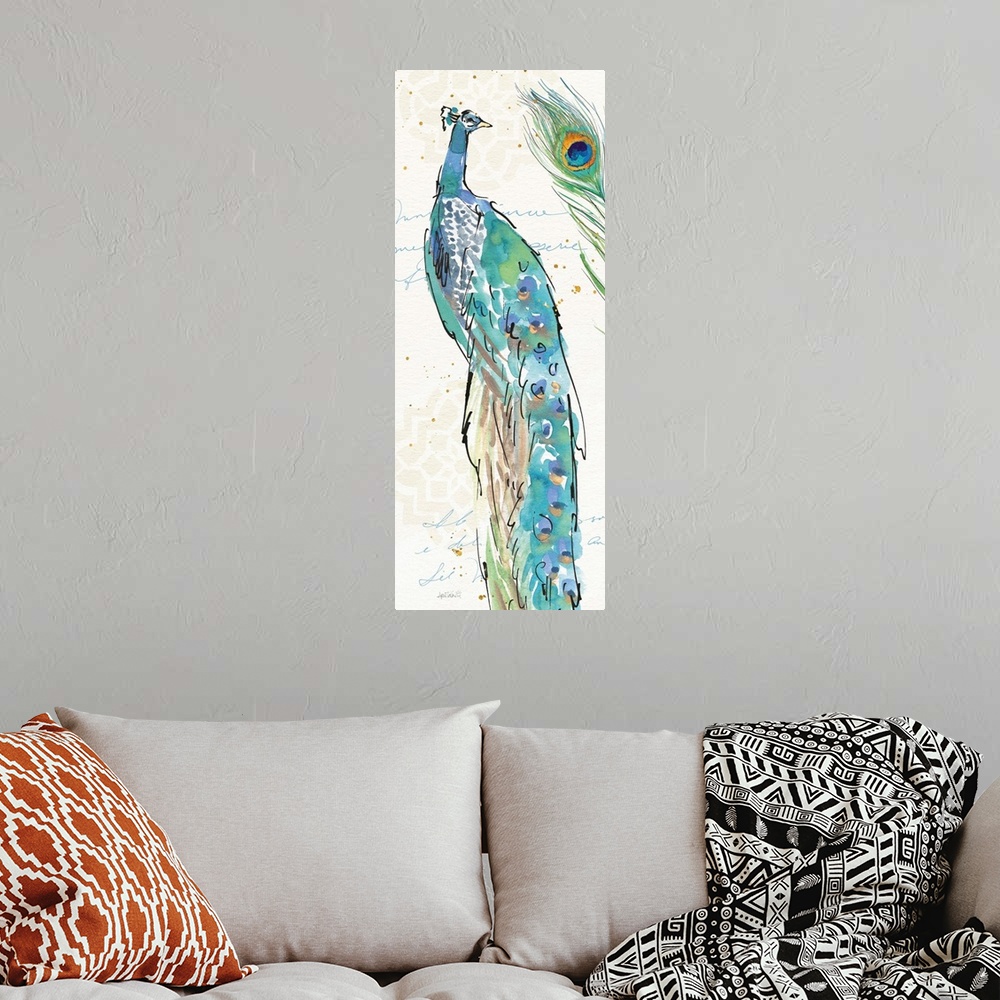 A bohemian room featuring Tall rectangular watercolor painting of a peacock and a peacock feathers on a neutral colored bac...