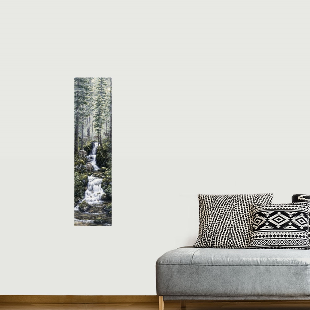 A bohemian room featuring wolves standing next to a mtn stream