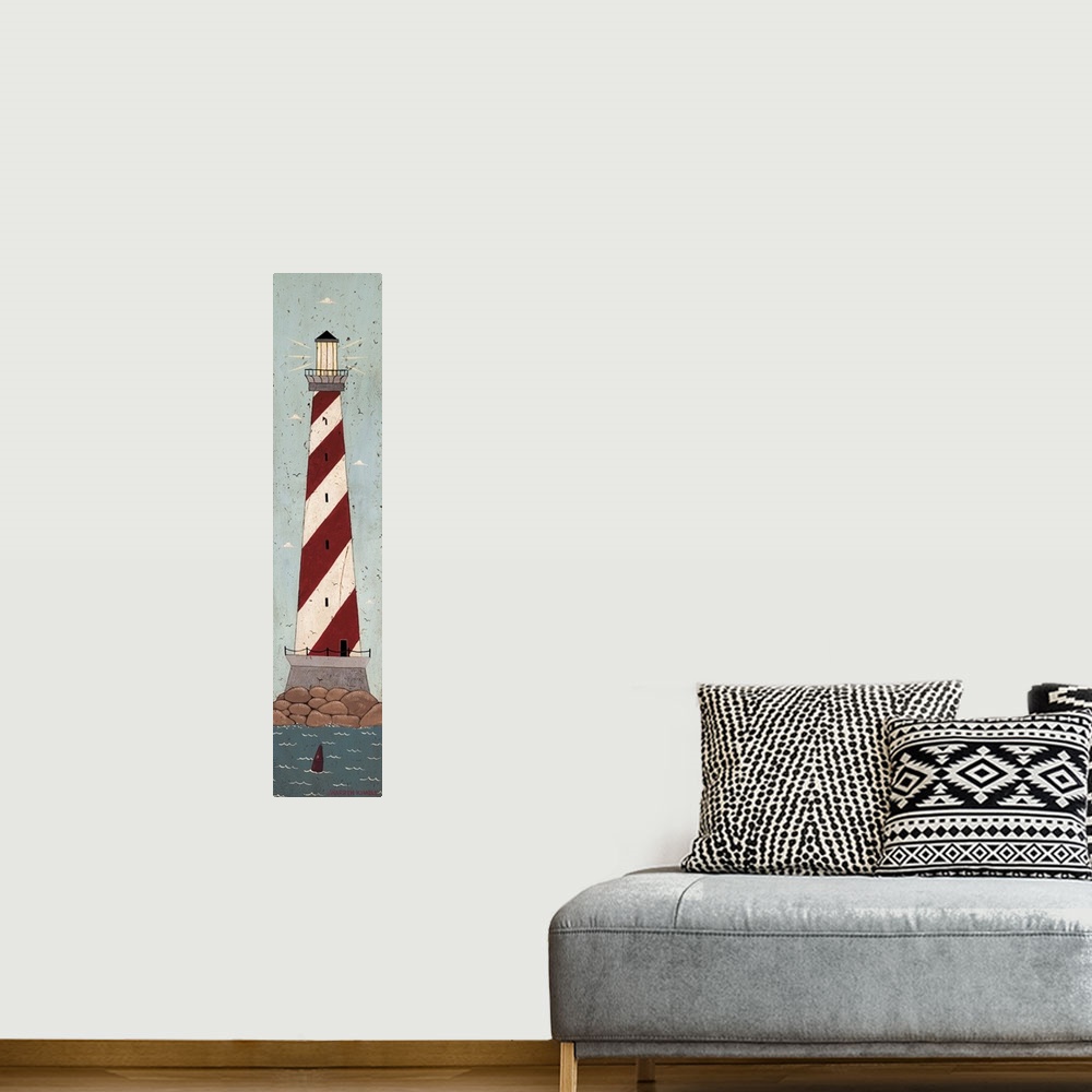 A bohemian room featuring Nautical lighthouse panel by renowned folk artist Warren Kimble
