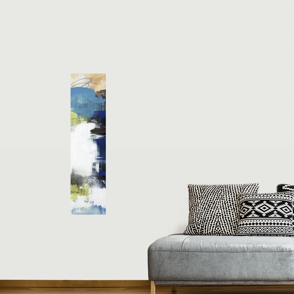 A bohemian room featuring Large vertical abstract painting with bold strokes of paint in white, blue and green.