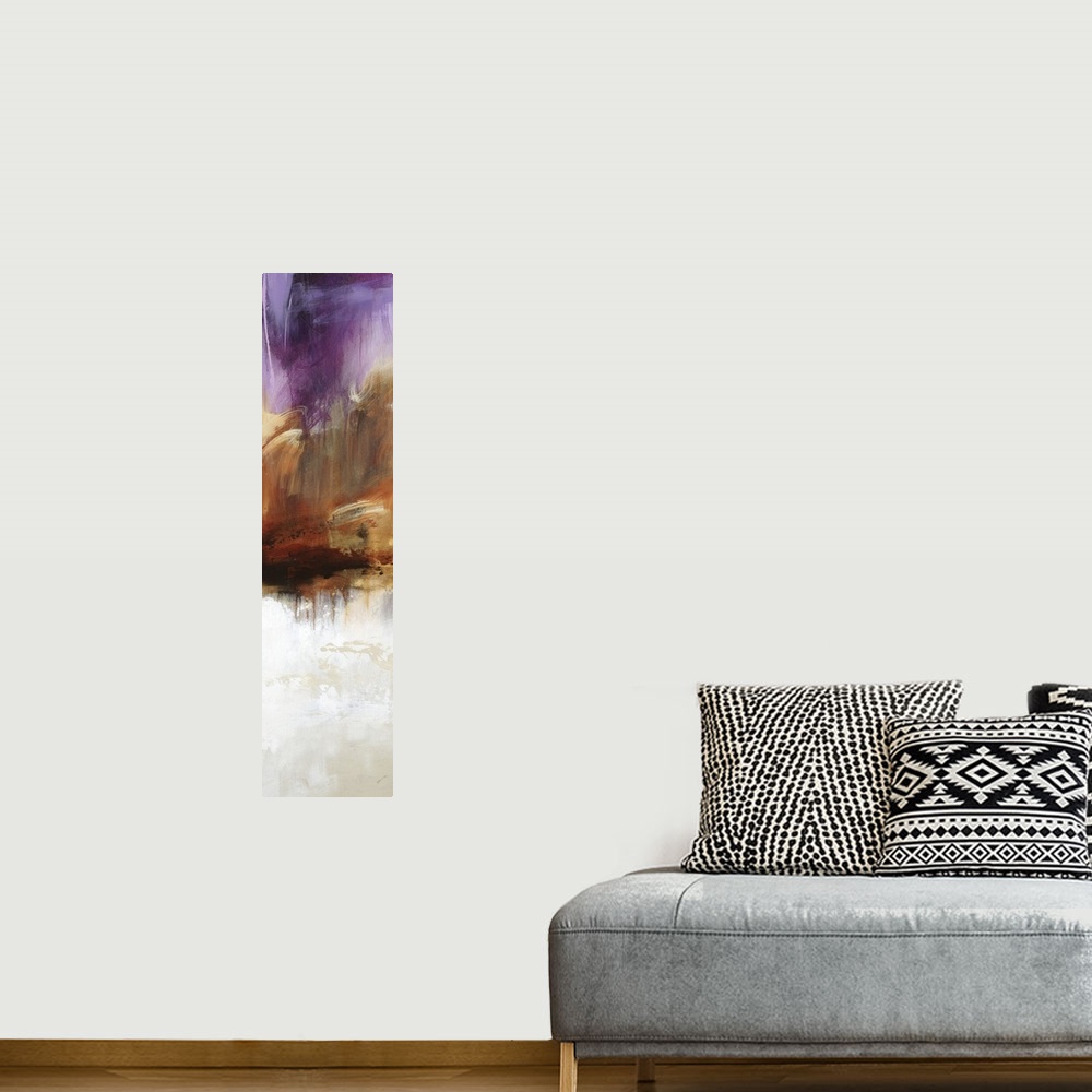 A bohemian room featuring Large vertical abstract painting with bold strokes of paint in white, brown and purple.
