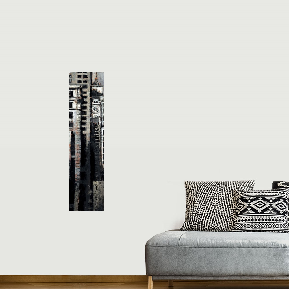 A bohemian room featuring Contemporary painting of a narrow look into the urban jungle of the New York City skyline.