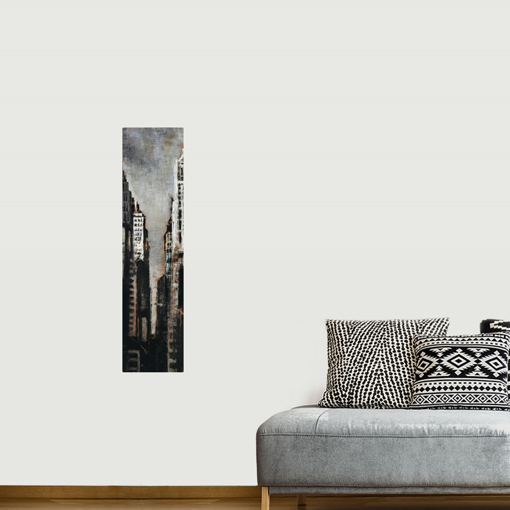 A bohemian room featuring Contemporary painting of a narrow look into the urban jungle of the New York City skyline.