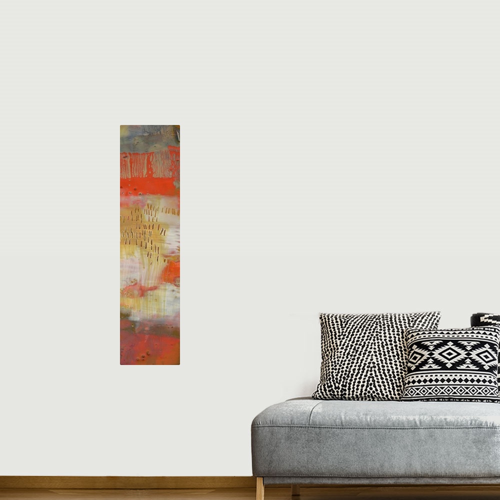 A bohemian room featuring This painted contemporary artwork resembles rusting metal that has stood the test of time in vibr...