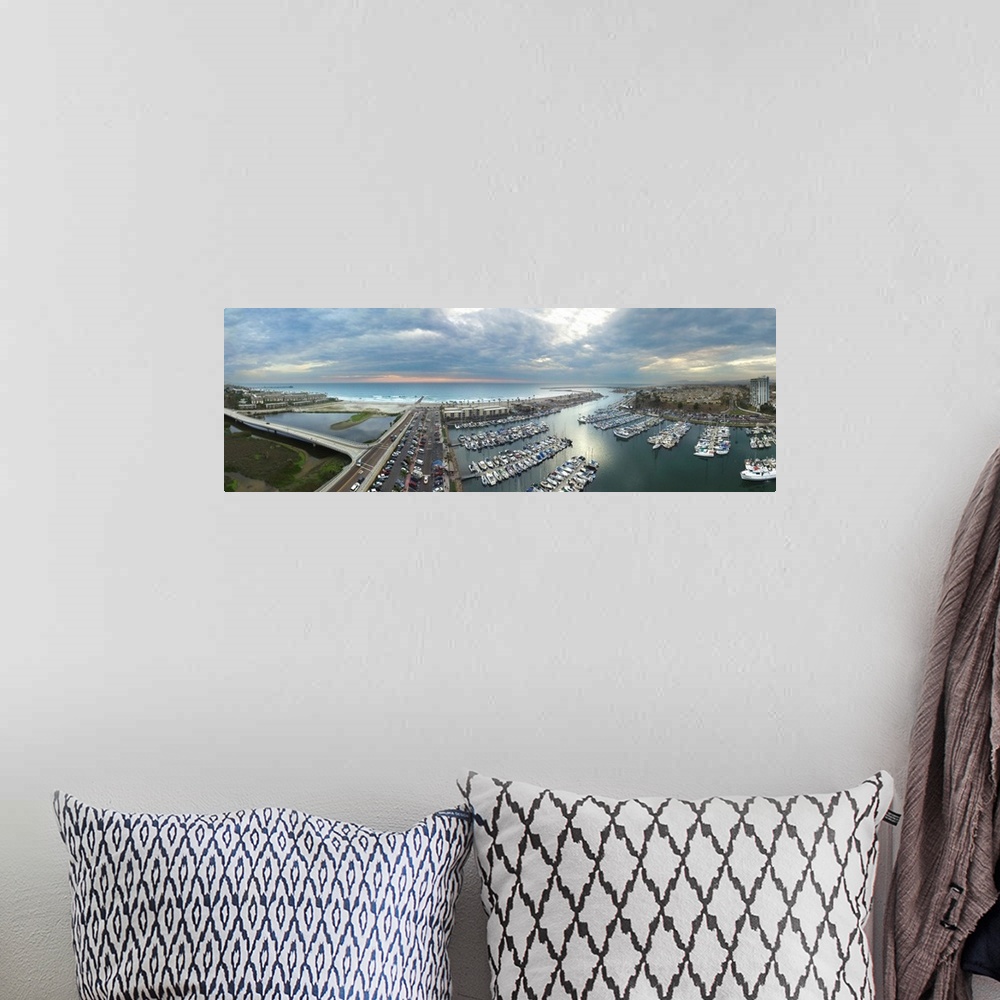 A bohemian room featuring Oceanside Harbor aerial panoramic. Oceanside is 40 miles North of San Diego, California, USA.