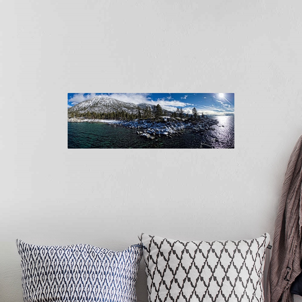 A bohemian room featuring Sand Harbor Lake Tahoe, California, USA. This is a 5 image aerial panoramic of Sand Harbor at Lak...