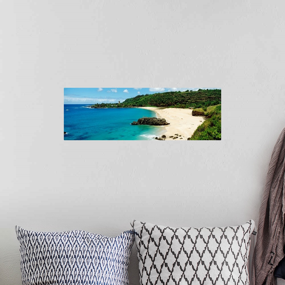 A bohemian room featuring Panoramic photograph of shoreline under cloudy sky.  The beach leads to a dense forest.