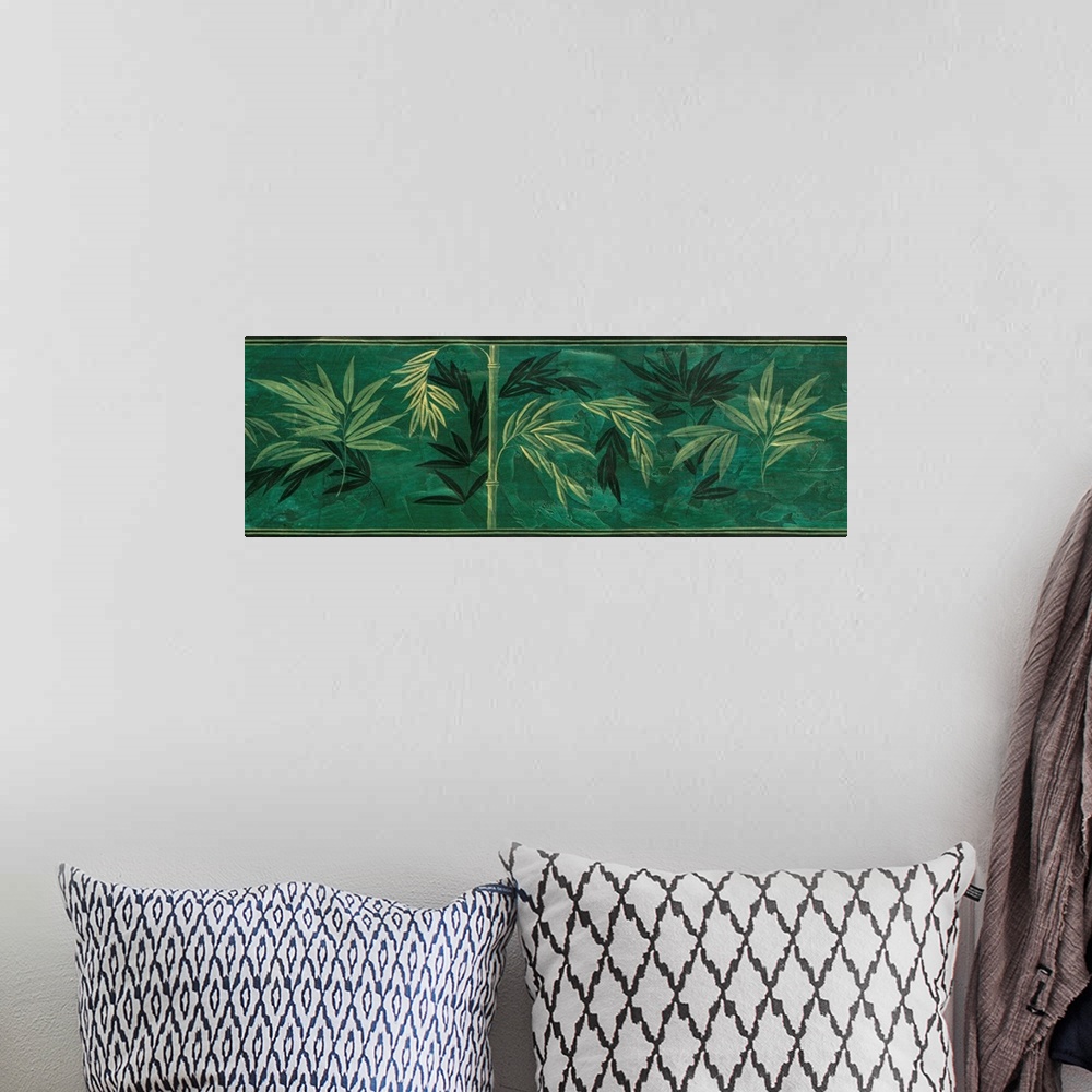 A bohemian room featuring Artwork of bamboo in green.
