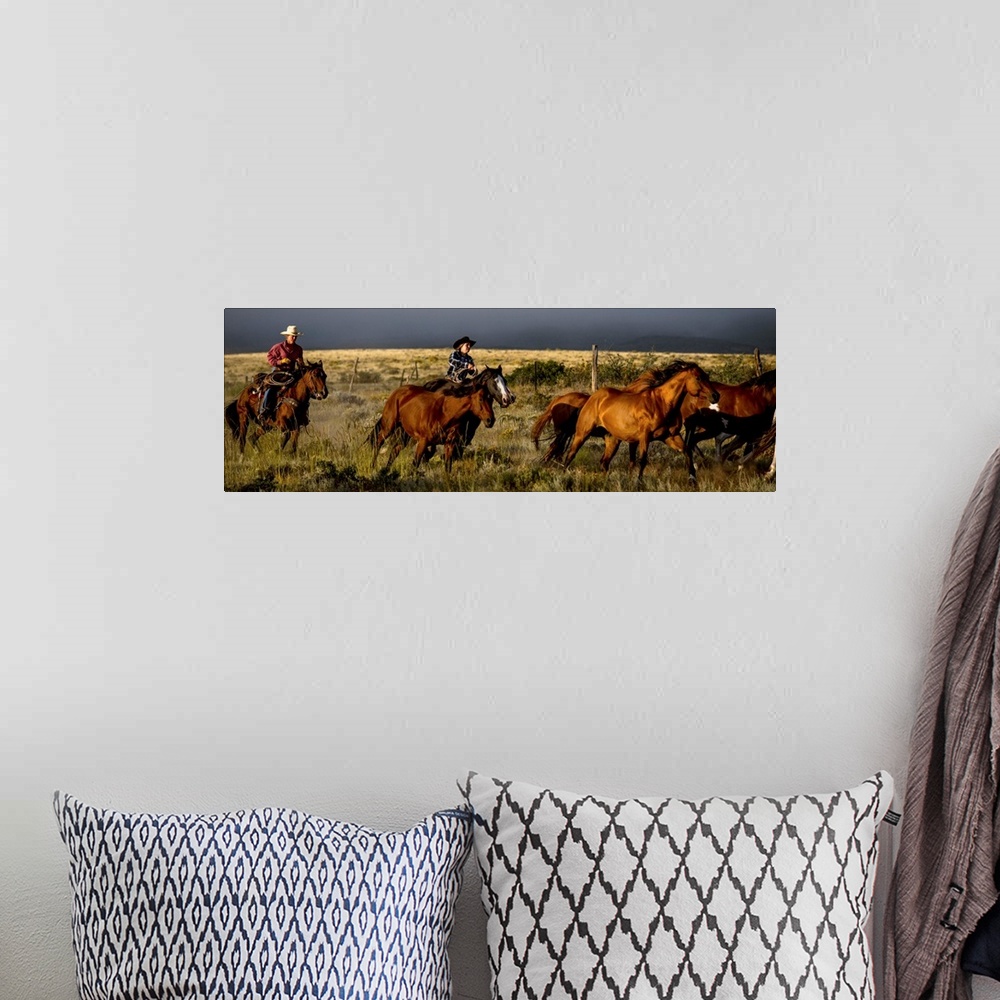 A bohemian room featuring Action photograph of two cowgirls herding horses with a dark sky in the distance.