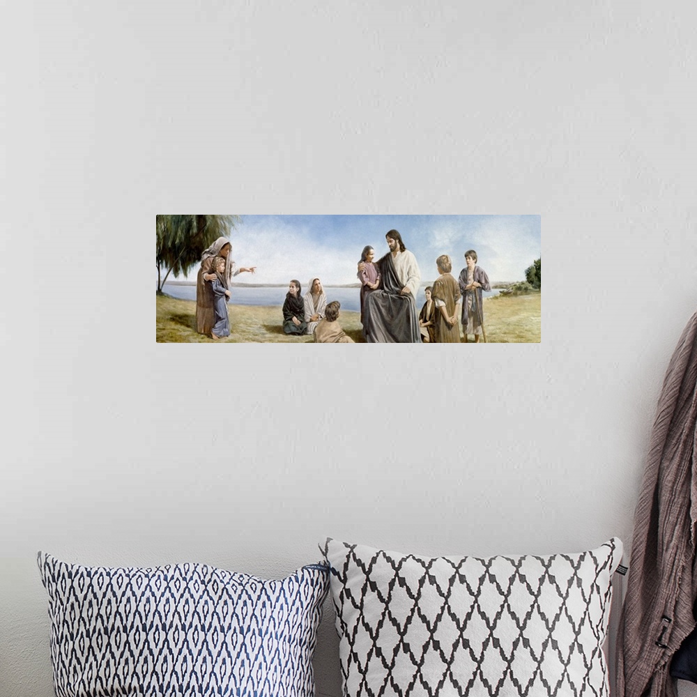 A bohemian room featuring Children gathered around Jesus on a beach.