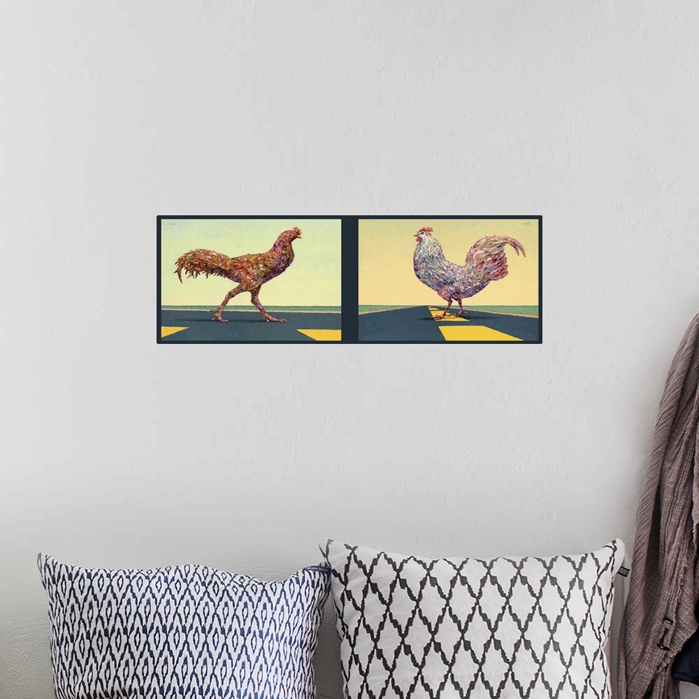 A bohemian room featuring Matching paintings of two chickens in the middle of the street.