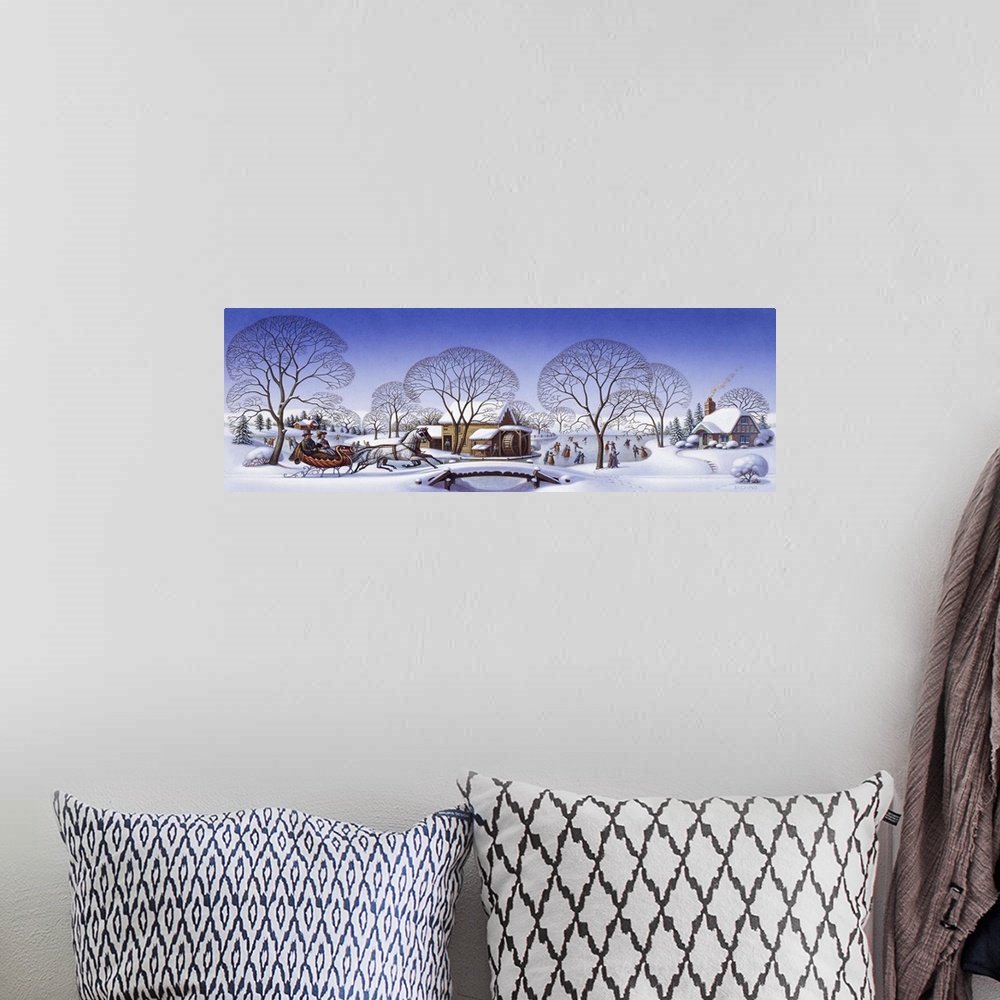 A bohemian room featuring Sleigh in the winter over a bridge.