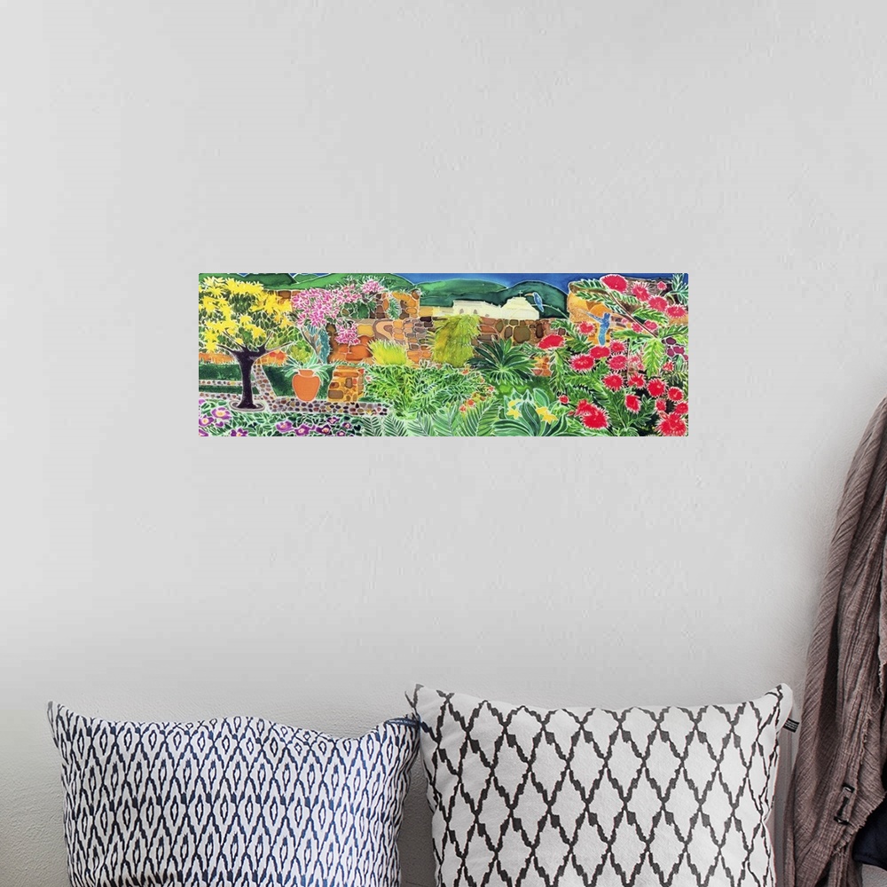 A bohemian room featuring Contemporary painting of a colorful garden landscape.