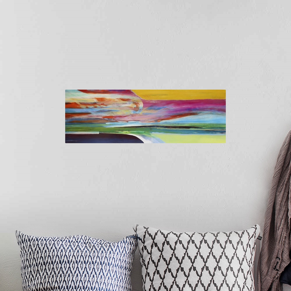 A bohemian room featuring Contemporary colorful abstract painting resembling a landscape.