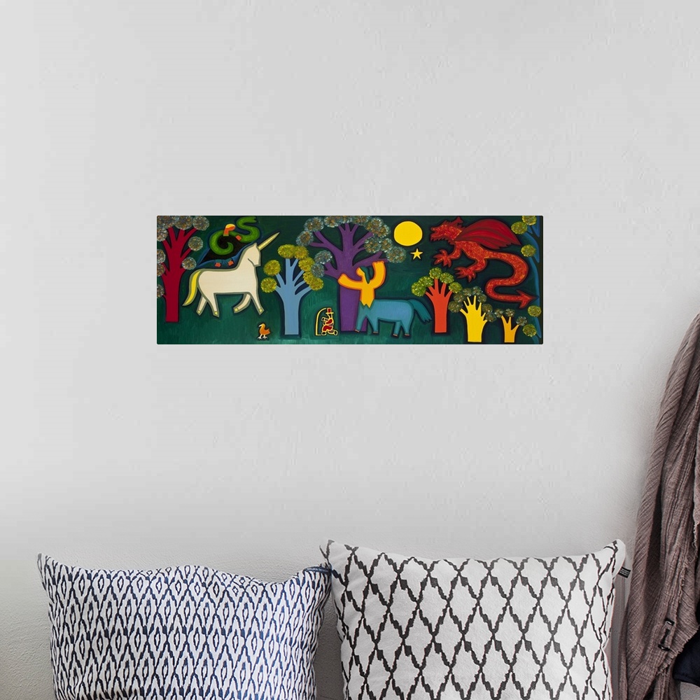 A bohemian room featuring Contemporary painting of a centaur in a magical garden with a dragon and unicorn.