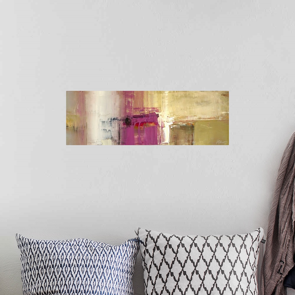A bohemian room featuring A horizontal abstract painting in textured colors of purple, red and brown in box shapes.