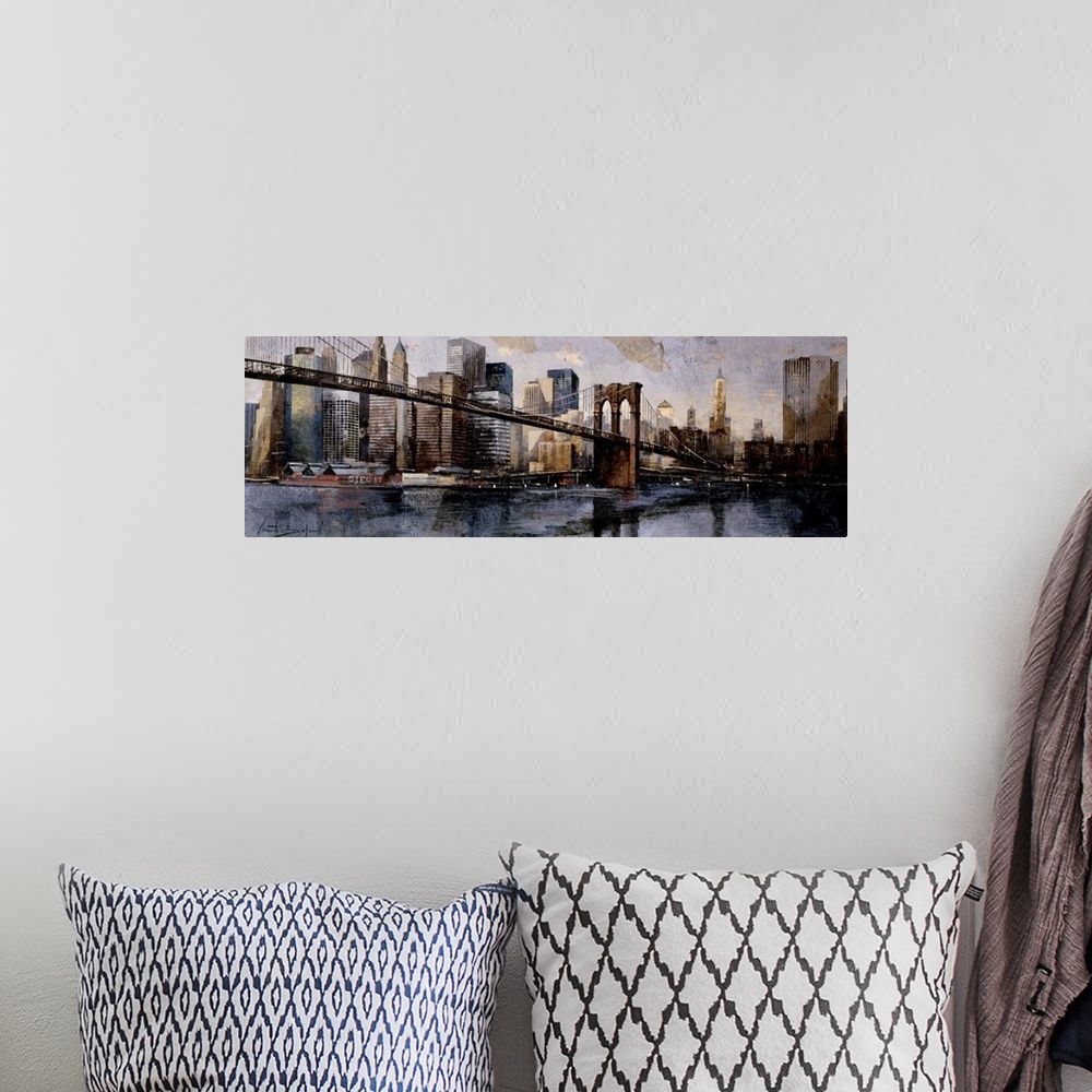 A bohemian room featuring A horizontal painting of Brooklyn Bridge with the New York cityscape behind.