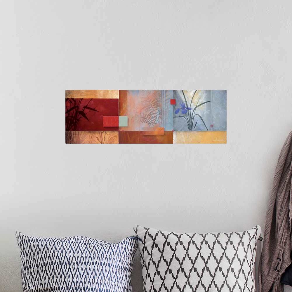 A bohemian room featuring Abstract painting of squared shapes overlapping with floral and leaf elements.