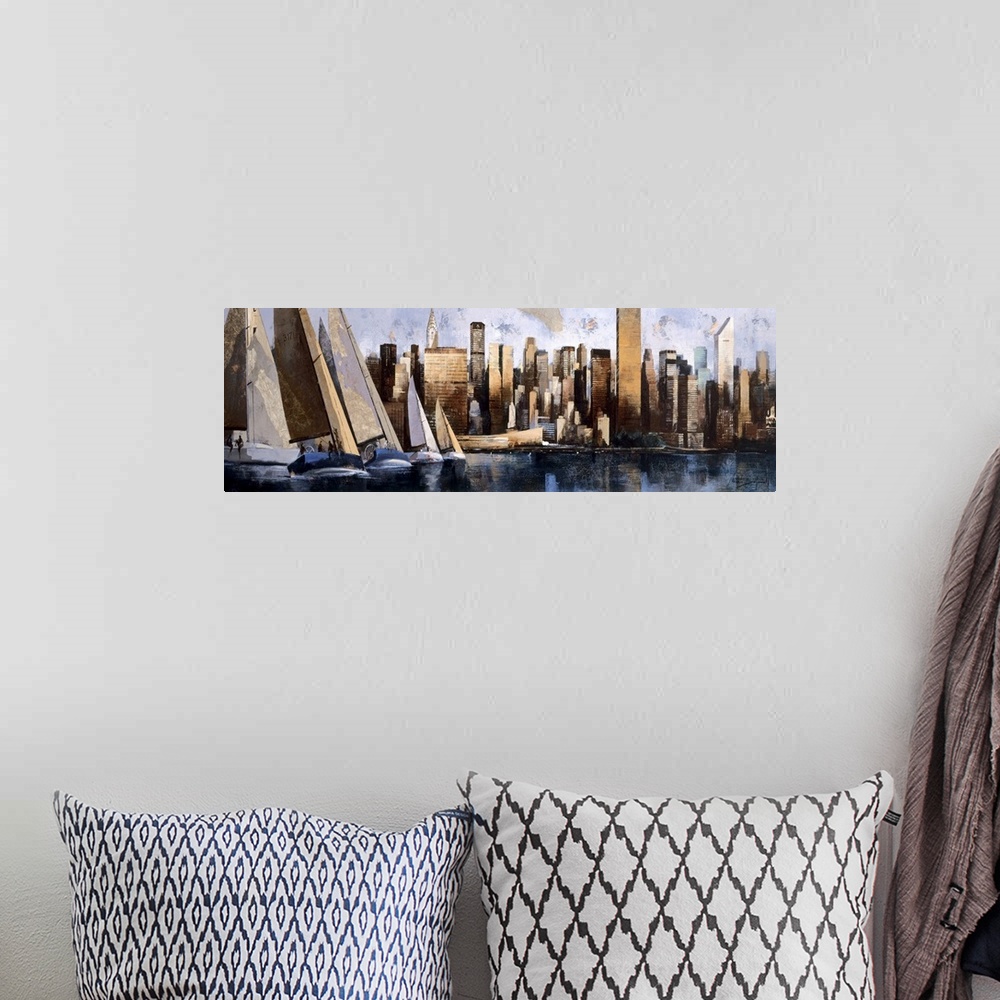 A bohemian room featuring A horizontal painting of sail boats on the Hudson River with the New York cityscape behind.