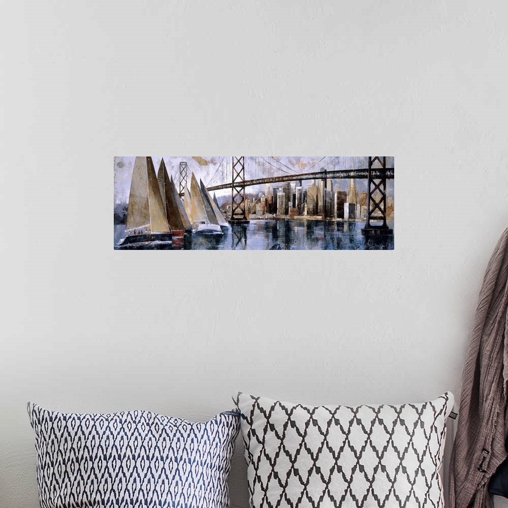 A bohemian room featuring A horizontal painting of sail boats on the bay with the San Francisco cityscape behind.