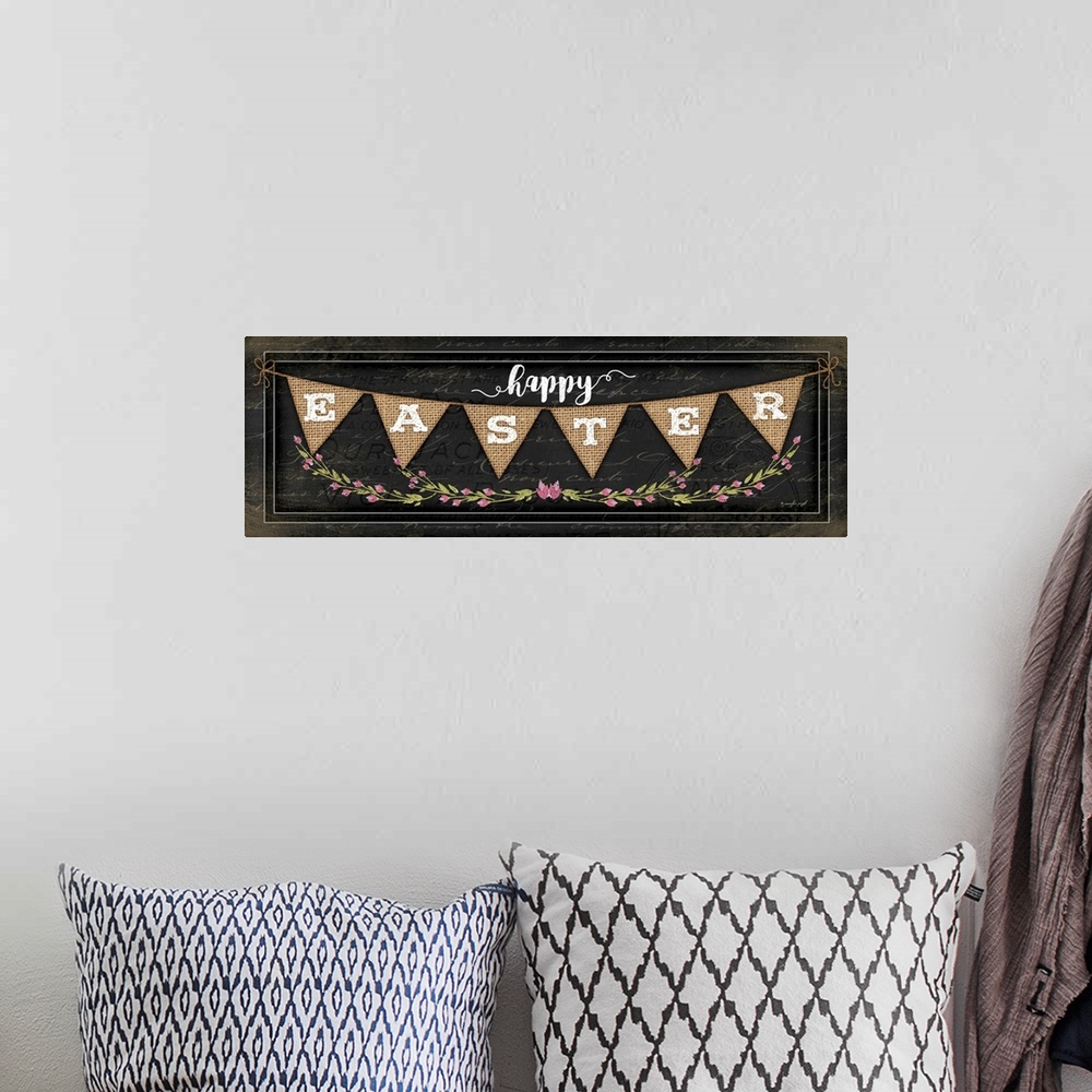 A bohemian room featuring "Happy Easter" on a bunting banner with flowers.