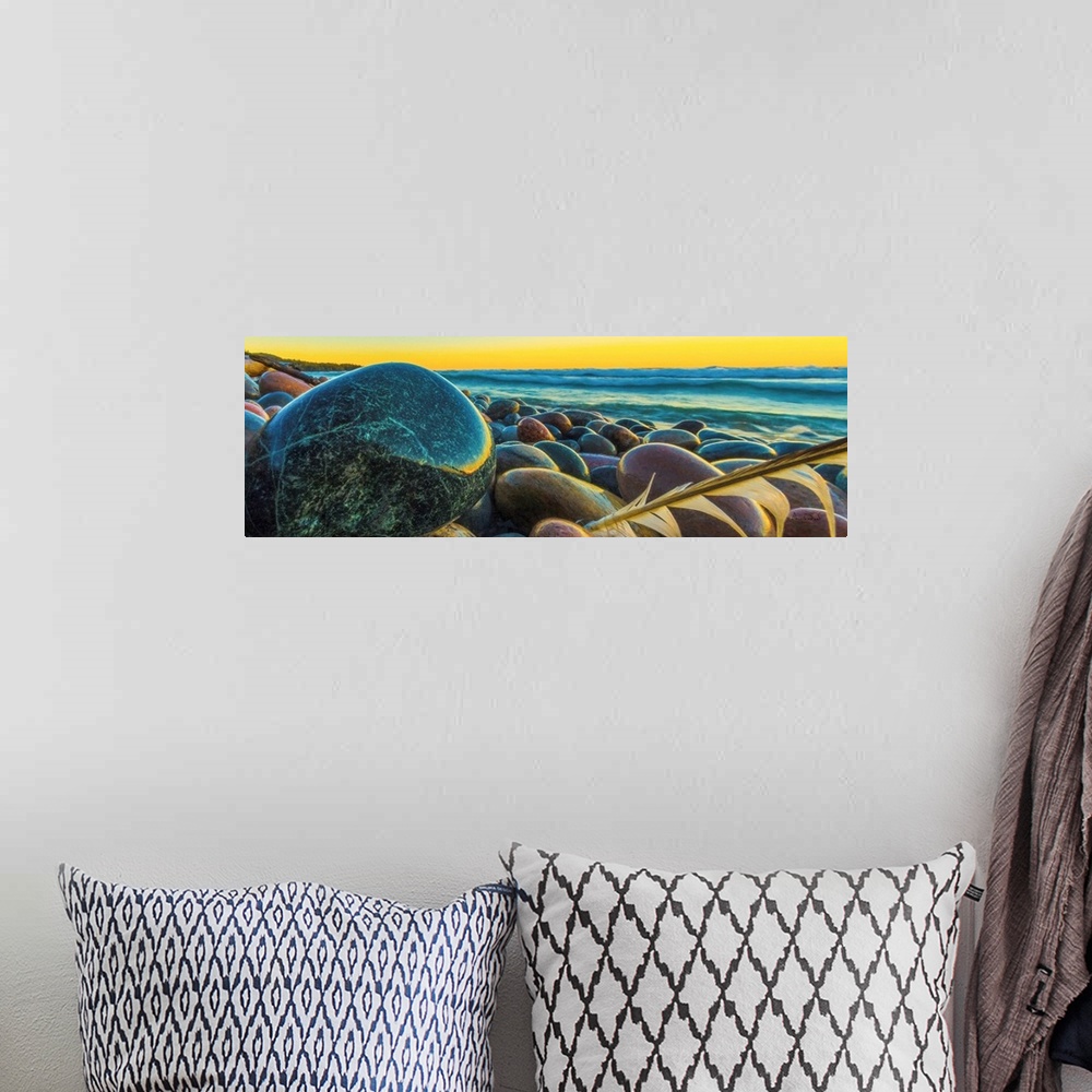 A bohemian room featuring Digital photo art of Pebble Beach on the shores of Lake Superior, Marathon, ON, Canada.