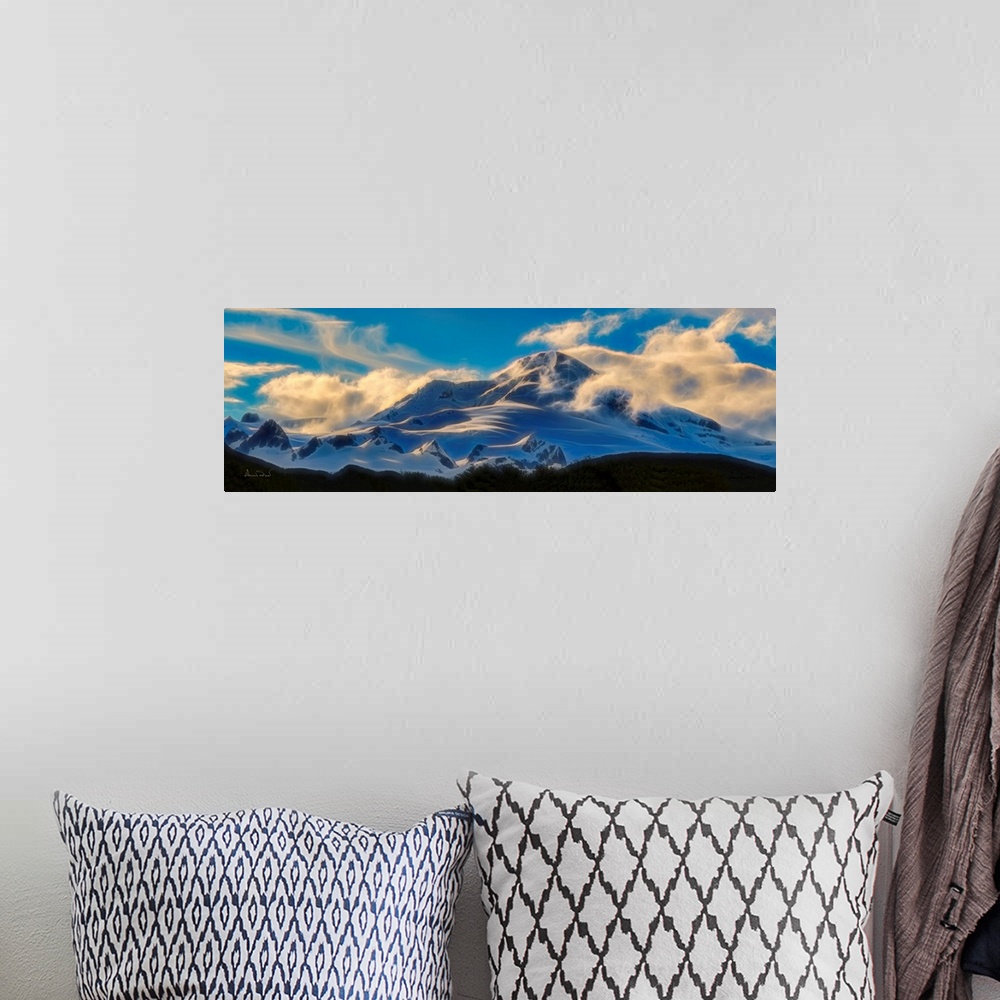 A bohemian room featuring Digital photo art of sunset over the mountains in Katmai National Park, Alaska.