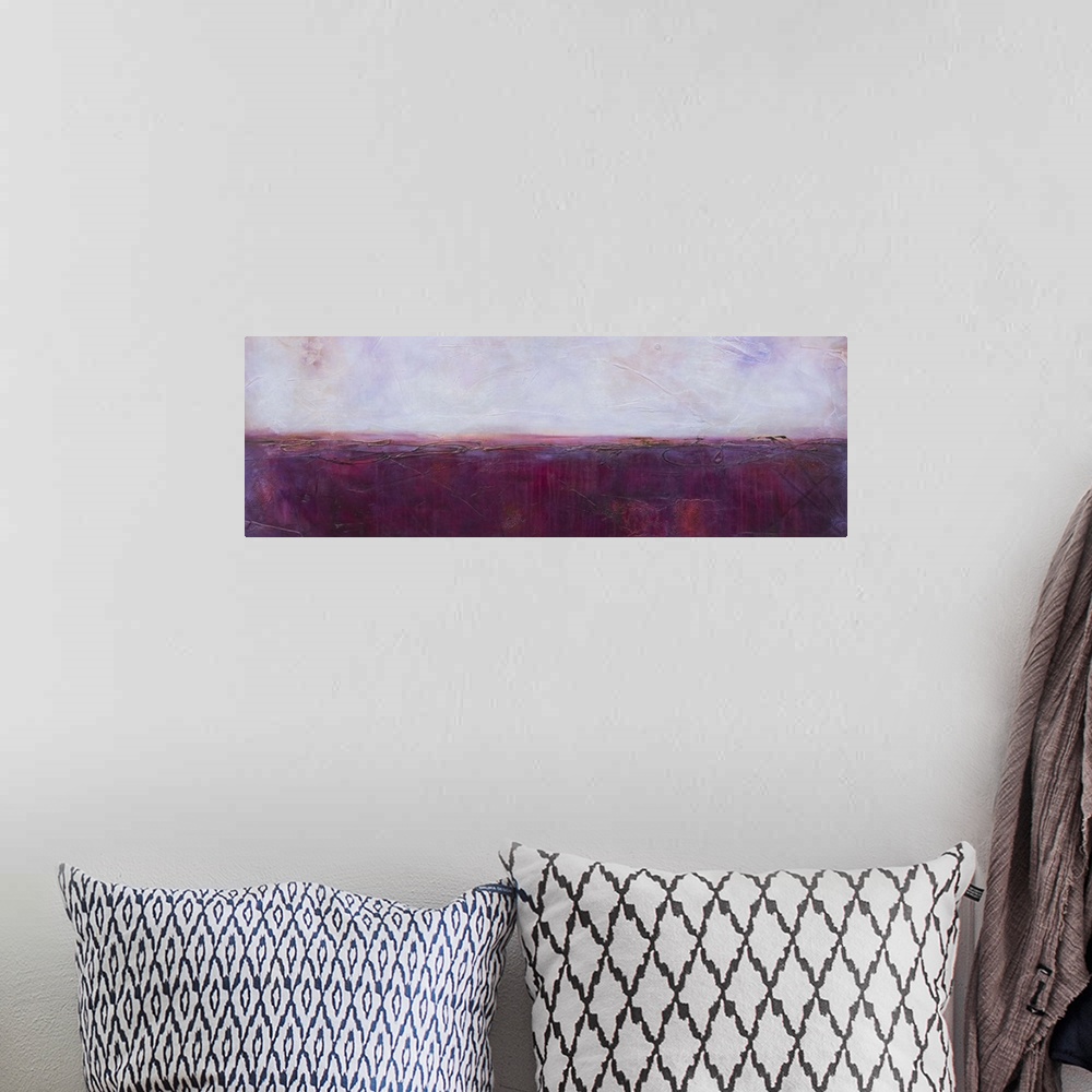 A bohemian room featuring Panoramic abstract painting in purple hues with magenta coming through and thin, black, squiggly ...