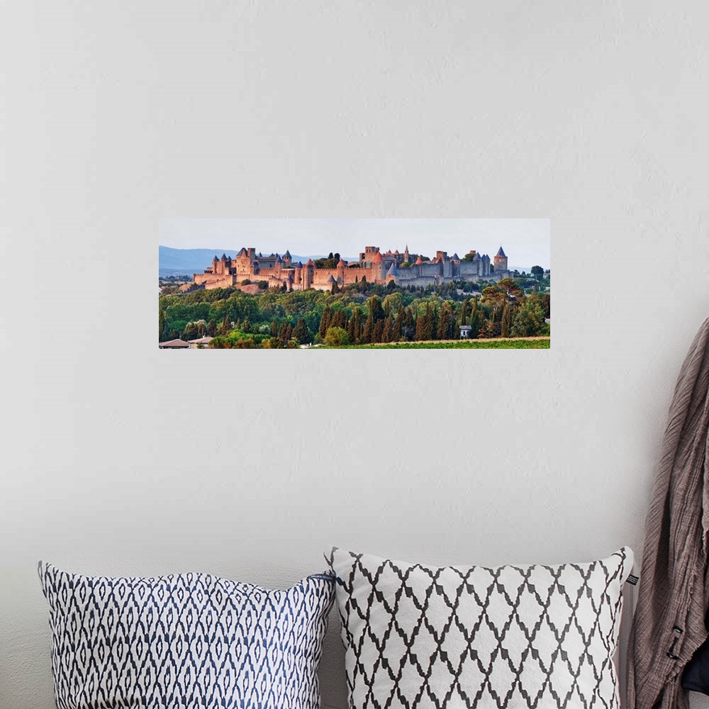 A bohemian room featuring France, Languedoc-Roussillon, Carcassonne, Sunset over the chateau