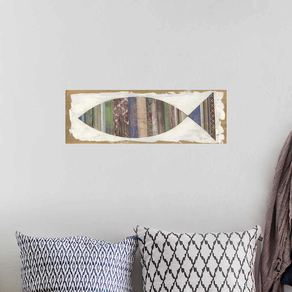 A bohemian room featuring A painting of a fish with patterned horizontal stripes on a white and tan background.