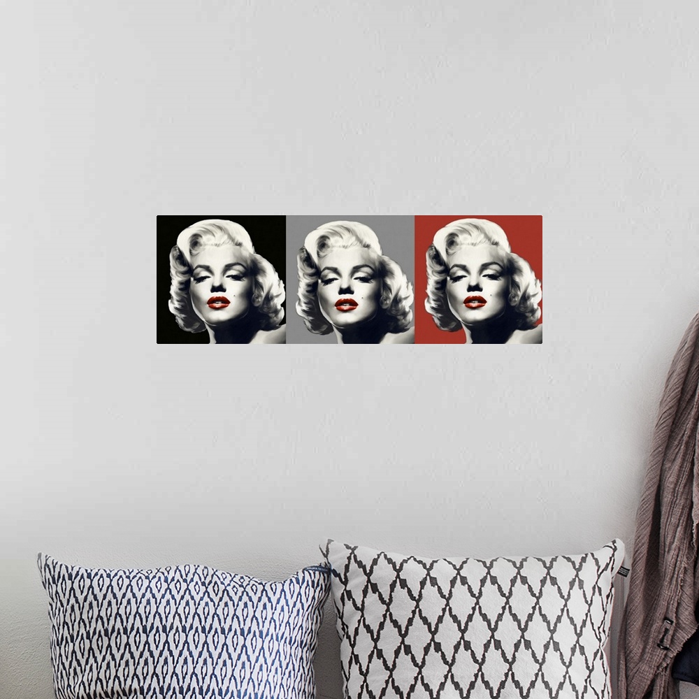 A bohemian room featuring Marilyn Monroe trio in black, white, gray, and red.