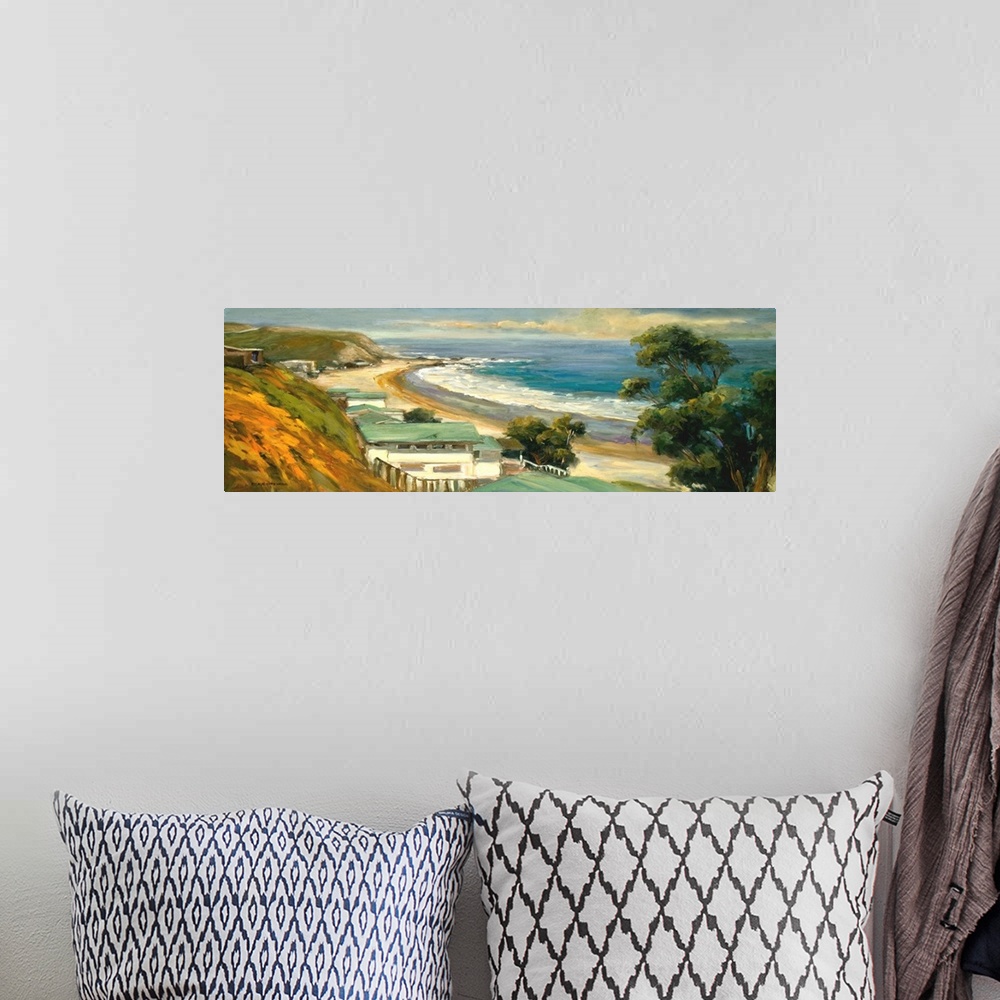 A bohemian room featuring Fine art oil painting seascape of a sunlit California cove dotted with beach homes nestled up to ...