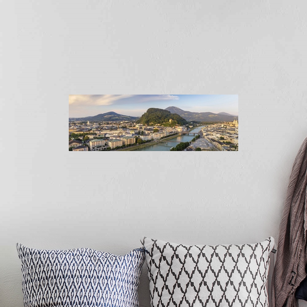 A bohemian room featuring Austria, Salzburg, View of Salzach River  The Old City to the right and the New City to the left