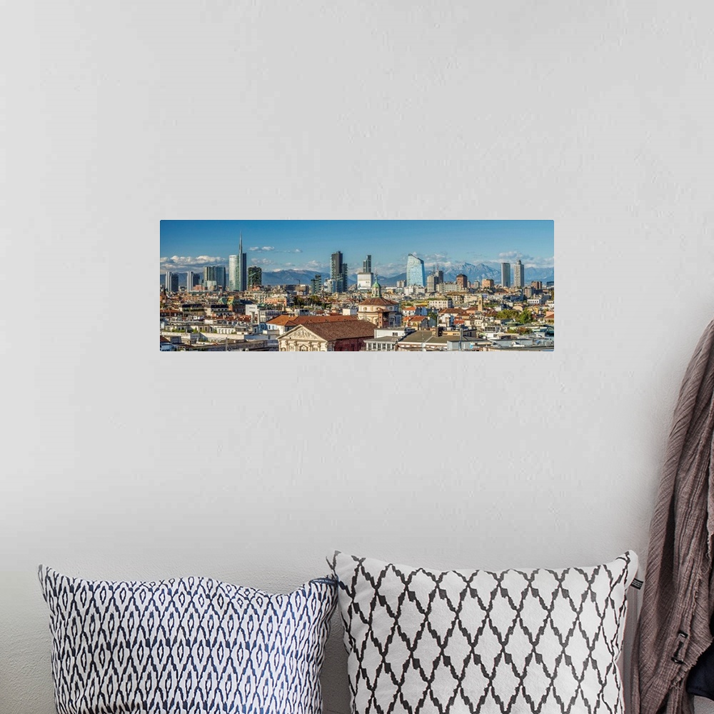 A bohemian room featuring City skyline with the Alps in the background, Milan, Lombardy, Italy
