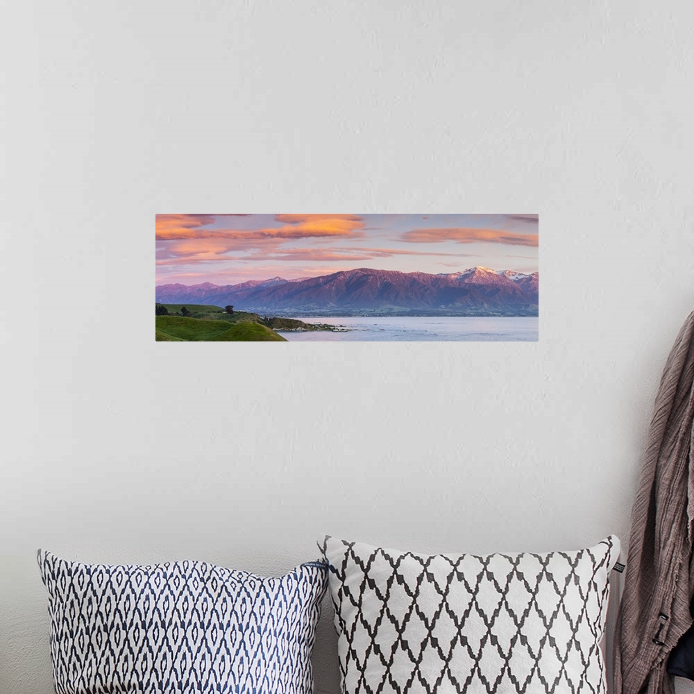 A bohemian room featuring Elevated view over dramatic landscape illuminated at sunrise, Kaikoura, South Island, New Zealand