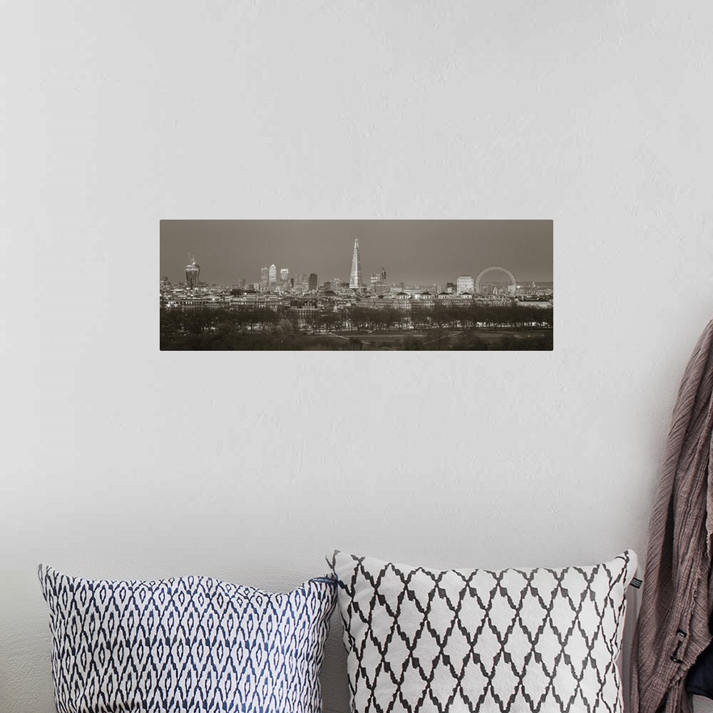 A bohemian room featuring The Shard, Canary Wharf and London Eye above Hyde Park, London, England, UK